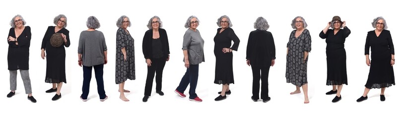 the same woman with different outfits on white background