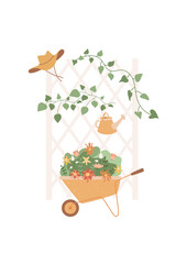 Wooden hedge with liana foliage, wheelbarrow with lush flowers and leaves. Cowboy Hat and watering can decor on the fence. Abstract vector illustration for gardening cards, banners, prints.