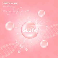 Pink glutathione pack with capsule and the third ingredient can be separated. On a light pink background. Healthy life medical and dietary supplement. Vector 3D