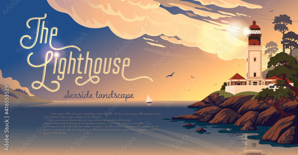 Lighthouse - vector landscape. Sea landscape with beacon on the beach ...