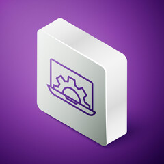 Isometric line Software, web development, programming concept icon isolated on purple background. Programming language and program code on screen laptop. Silver square button. Vector.