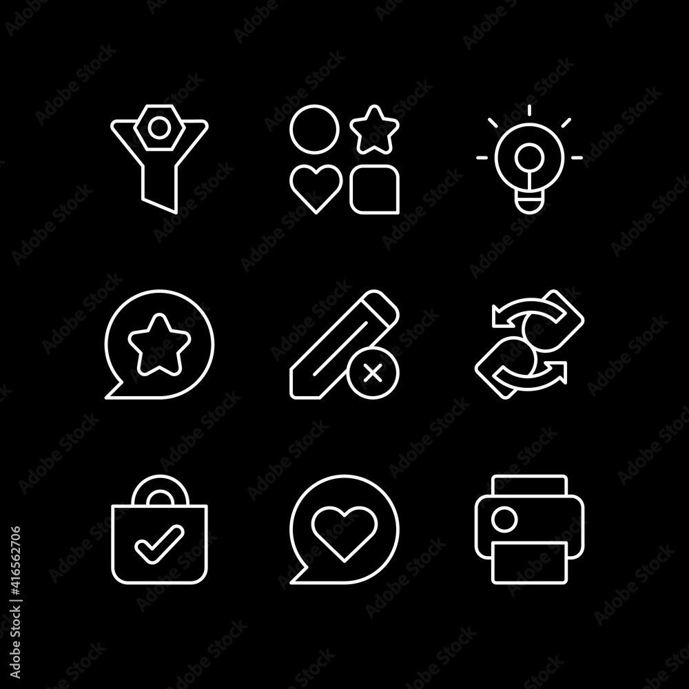 Interface for mobile application white linear icons set for dark theme ...