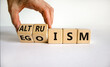 Altruism or egoism symbol. Businessman turns wooden cubes and changes the word 'egoism' to 'altruism'. Beautiful white background, copy space. Business, psychological and altruism or egoism concept.