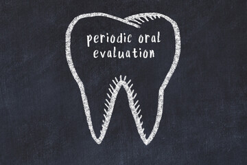 Wall Mural - Chalk drawing of a tooth with medical term periodic oral evaluation. Concept of learning stomatology
