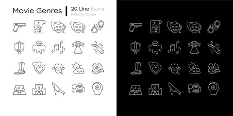 Poster - Film genres linear icons set for dark and light mode. Action comedy, drama movie. Cinema entertainment. Customizable thin line symbols. Isolated vector outline illustrations. Editable stroke