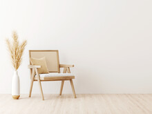 Living Room Interior Wall Mockup In Minimalist Japandi Style With Caned Chair, Beige Pillow And Dried Pampas Grass In Ceramic Vase On Empty Warm White Background. 3d Rendering, 3d Illustration.