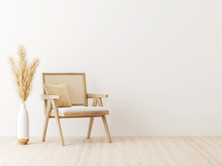 Poster - Living room interior wall mockup in minimalist Japandi style with caned chair, beige pillow and dried pampas grass in ceramic vase on empty warm white background. 3d rendering, 3d illustration.