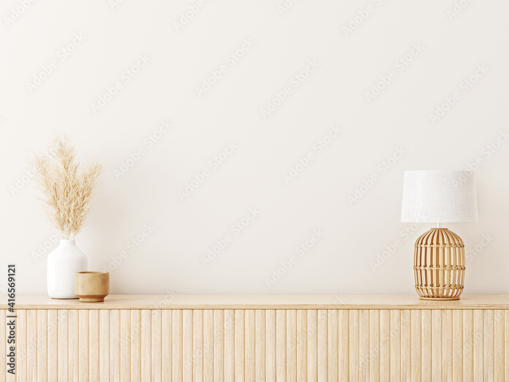 Interior wall mockup in minimalist Japandi style with light biege wooden console, dried pampas grass and wicker basket lamp on empty warm white background. Close up view, 3d rendering, 3d illustration - obrazy, fototapety, plakaty 