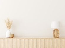 Interior Wall Mockup In Minimalist Japandi Style With Light Biege Wooden Console, Dried Pampas Grass And Wicker Basket Lamp On Empty Warm White Background. Close Up View, 3d Rendering, 3d Illustration
