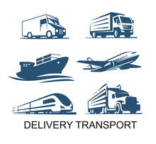 Transport Cargo Delivery Icon. Airplane Ship With Container Truck And Lorry Emblems