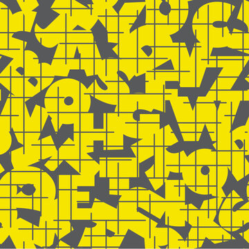 Yellow latin alphabet letters with hatches on gray background seamless pattern. Hatched silhouette abc signs. Vector geometric texture for wallpaper, wrapping paper, back to school banners, prints.