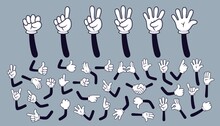 Cartoon Hands. Comic Arms With Four And Five Fingers In White Glove With Various Gestures, Cartoon Character Body Parts. Isolated Vector Set. Gesture Hand Finger Count, Thumb Gesturing Illustration