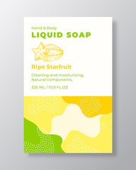 Wall Mural - Liquid Soap Package Label Template. Abstract Shapes Camo Background Vector Cover. Cosmetics Packaging Design. Modern Typography and Hand Drawn Starfruit Sketch. Isolated