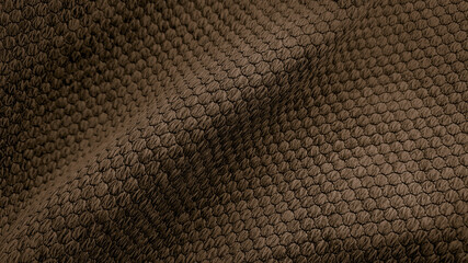 Wall Mural - close up texture dark brown fabric of sackcloth drapery, photo shoot by depth of field for object. wavy soft and smooth brown fabric background. macro view of cashmere fabric.