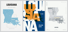18 Of 50 Sets, US State Posters With Name And Information In 3 Design Styles, Detailed Vector Art Print Louisiana Map