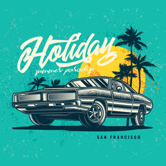 Original vector illustration in vintage style. Vintage car on the background of palm trees and the sun.