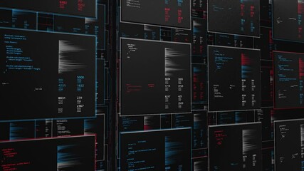 Lot of information cells in computer. Animation. 3d animation with information base of many cells. Cells with computer data and calculations