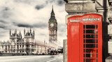 Fototapeta Big Ben - London symbols with BIG BEN and red Phone Booths in England, UK