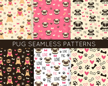Pug Seamless Patterns. Funny Dog Cute Backgrounds. Pet Cartoon Vector Illustrations. 