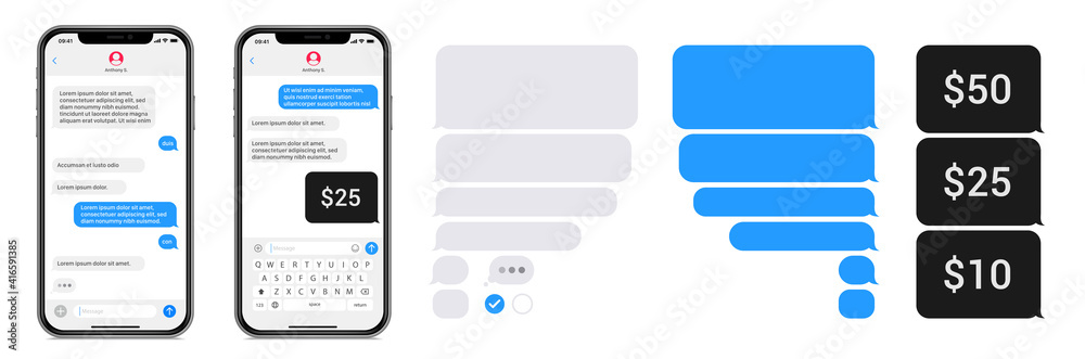 Smartphone chatting sms app template bubbles. SMS chat composer. Place your own text to the message. Editable phone chat mockup bubble. Vector illustration. - obrazy, fototapety, plakaty 