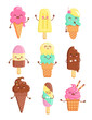 Big set of funny cheerful,friendly ice cream characters.Sweet kawaii smiling summer delicacy,tasty sundaes,gelatos with different tasties for kids designs and decorations, isolated on white. Vector.