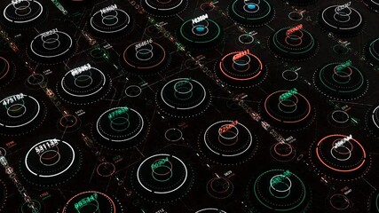 Aufkleber - Generated numbers in cyberspace. Animation. Numbers stopped at certain values inside neon circles in virtual space. Random number generator stopped and produced lot of random numbers