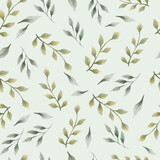 Fototapeta Sypialnia - Seamless pattern with leaves watercolor hand painted with pastel background 