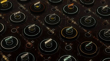 Poster - Numbers in neon circles. Animation. Generated numbers in neon circles inside virtual space. Cyber field with neon circles and certain numbers