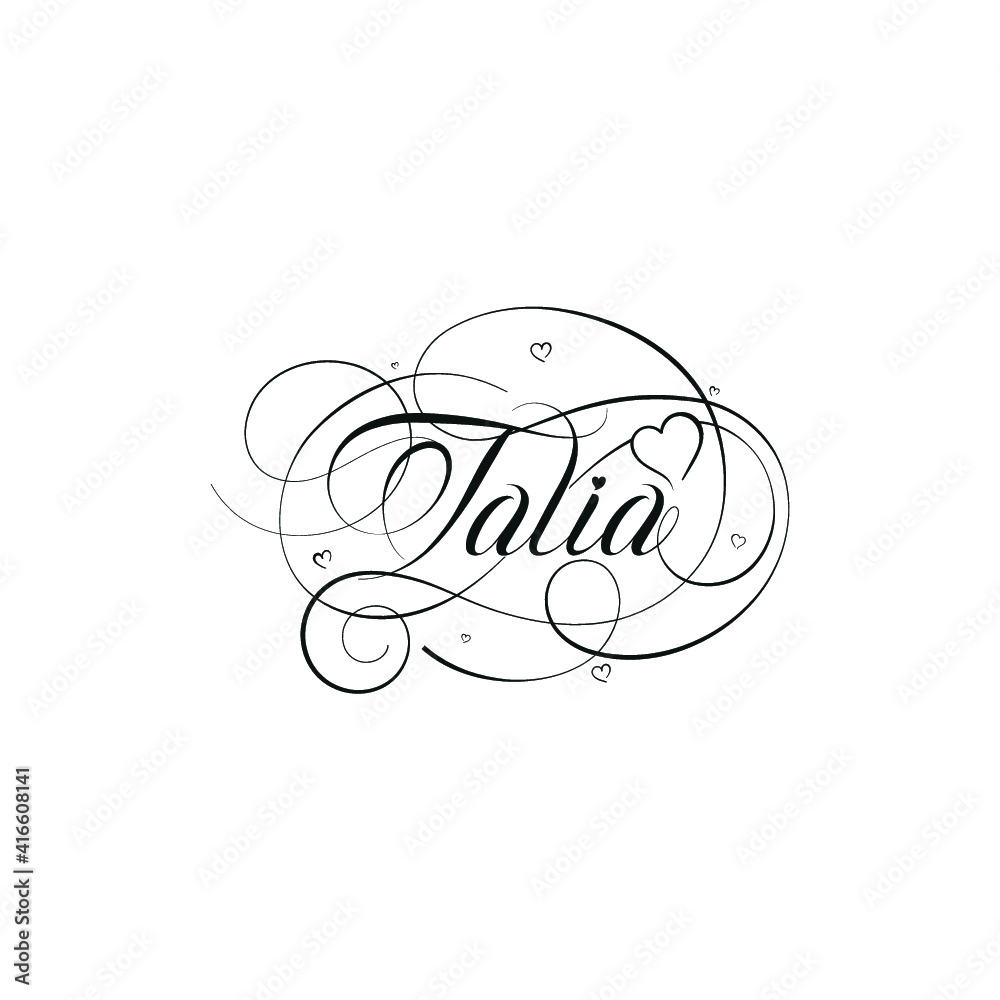 English Calligraphy "Talia" Arabic Name, a unique hand drawn vector design for Wedding and more. - obrazy, fototapety, plakaty 