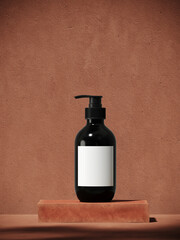 Poster - Mediterranean style mockup for product presentation. Cosmetic bottle on terracotta platform with leaf shadow. Clipping path of each element included. 3d rendering illustration. 