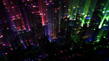Aufkleber - Abstract technological background with glowing data beam spreading in the digital circuit space. Data transmission in the futuristic industry. 3D rendering