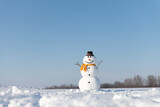 Fototapeta Na sufit - Funny snowman in stylish brown hat and yellow scalf on snowy field. Blue sky on background