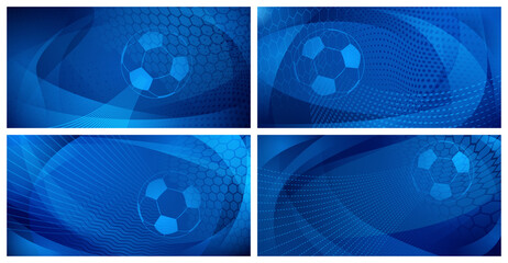Wall Mural - Set of four football or soccer backgrounds with big ball in blue colors