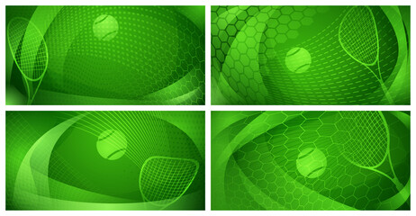 Wall Mural - Set of four abstract tennis backgrounds with ball and racket in green colors