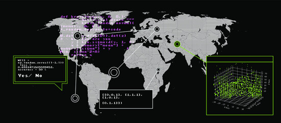 Poster - Sci-fi retrofuturistic dashboard with message boxes and windows. Computer screen of hacker's desktop with programs and charts, map of the world. 