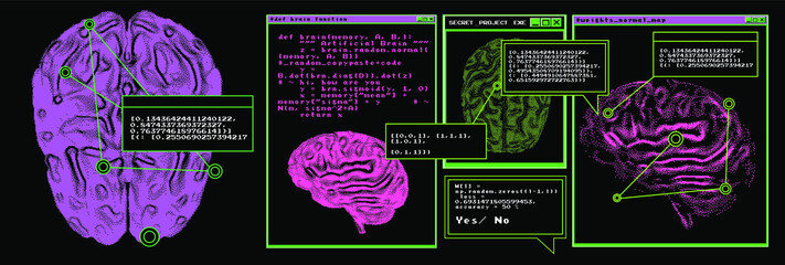 Poster - Sci-fi futuristic dashboard with message boxes and windows. Computer screen of scientist's desktop with brain MRI scans, programs and charts.