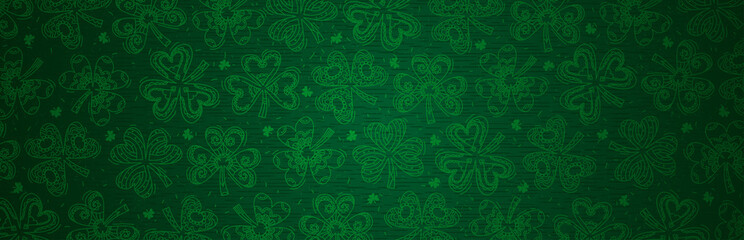 Wall Mural - green patricks day greeting banner with green clovers. patrick's day holiday design. horizontal back