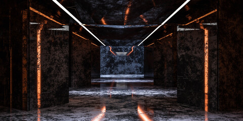 Wall Mural - futuristic abstract grunge industrial building with red lights and reflections 3d render illustration