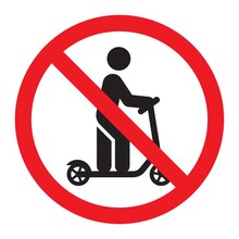 No Scooter Sign. Kick Scooter Not Allowed. Prohibition Sign. Vector Icon Isolated On White Background.