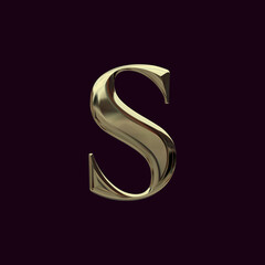 Alphabet letter s with metallic gold texture, 3D rendering, golden font, premium lowercase typography for poster, banner, cover 