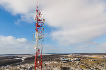 Tower communication in a rural location. Telecom tower antenna and satellite transmits the signals of cellular 5g 4g mobile signals