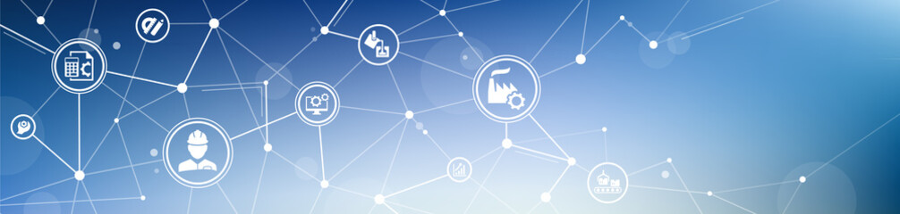 Industrial engineering vector illustration. Concept with icons related to heavy machinery, virtual / smart manufacturing facility, maintenance or service, automation / process integration in a factory