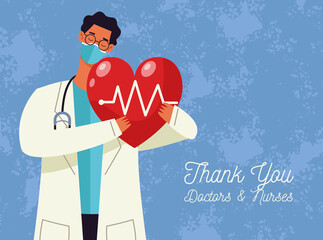 Wall Mural - thank you doctors and nurses lettering with doctor male lifting heart cardio