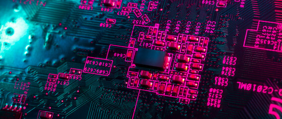 Close-up of electronic circuit computer microchips in neon colors