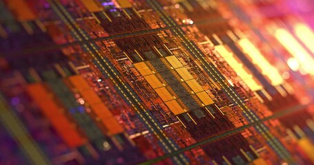 Wall Mural - Computer CPU chip on silicon wafer. close up shot of electronic system with data processing.  Chip, AI calculating big data abstract. 3D rendering