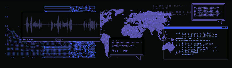 Poster - Sci-fi retrofuturistic dashboard with message boxes and windows. Computer screen of hacker's desktop with programs and charts, map of the world. 