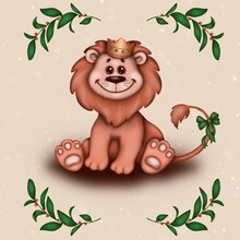 Cute Cartoon Lion With A Crown And Green Bow On It’s Tail. Hand Drawn Children‘s Illustration, Perfect For Kids Clothing, Fashion Print Design And Greeting Cards 