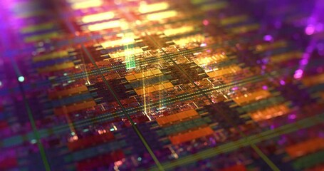 Poster - computer chip with light rays streaming out, high tech background. macro shot of microchip on silico