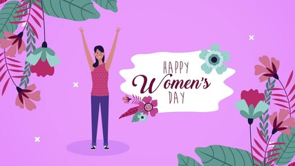 Sticker - happy womens day lettering card with woman celebrating and flowers