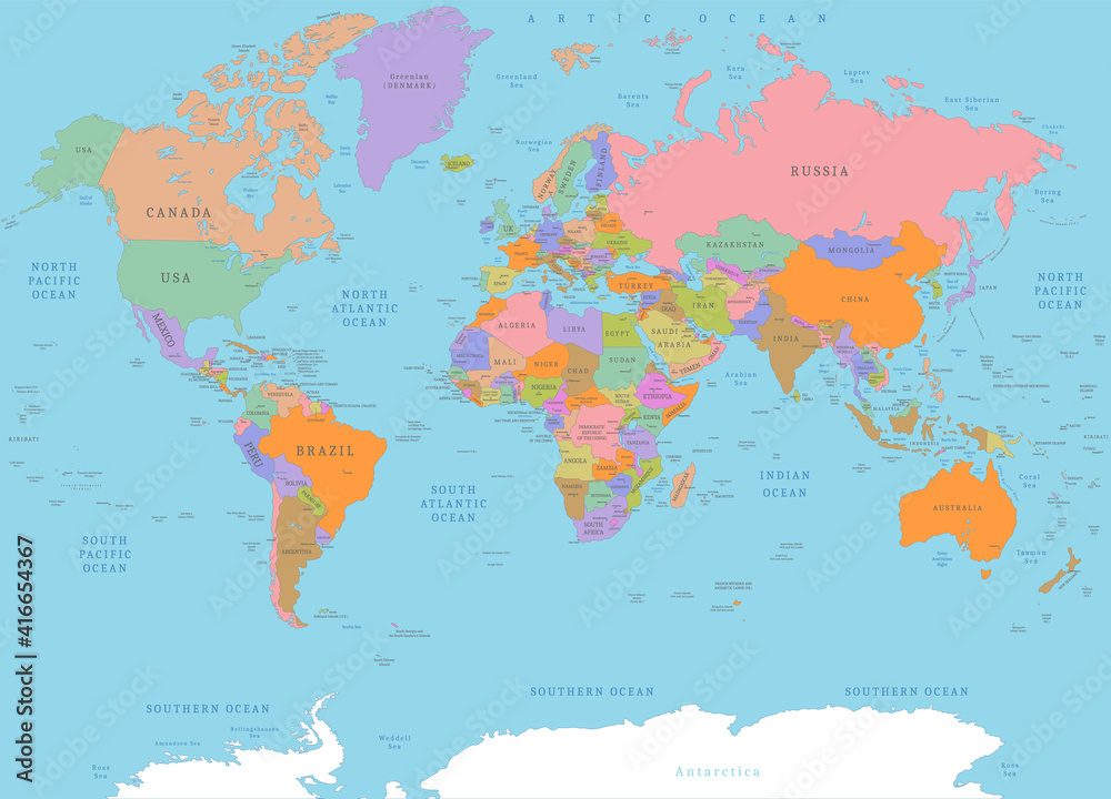 Colored detailed political world map. Political colored physical ...